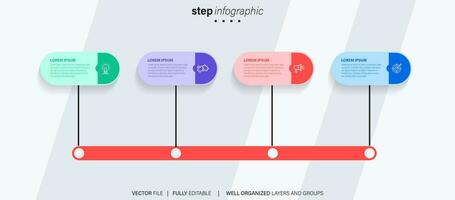 Timeline infographic with infochart. Modern presentation template with 4 spets for business process. Website template on white background for concept modern design. Horizontal layout. vector