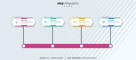 Timeline infographic with infochart. Modern presentation template with 4 spets for business process. Website template on white background for concept modern design. Horizontal layout. vector