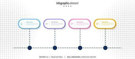 Timeline infographic with infochart. Modern presentation template with 4 spets for business process. Website template on white background for concept modern design. Horizontal layout. vector