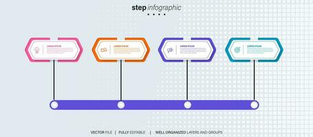 Timeline infographic with infochart. Modern presentation template with 4 spets for business process. Website template on white background for concept modern design. Horizontal layout. vector