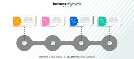 plantilla de infografía empresarial. línea de tiempo con 4 pasos, círculos, opciones e iconos de marketing. elementos infográficos lineales vectoriales. vector