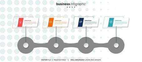 plantilla de infografía empresarial. línea de tiempo con 4 pasos, círculos, opciones e iconos de marketing. elementos infográficos lineales vectoriales. vector