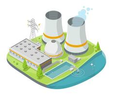 nuclear eléctrico poder planta verde energía simpático concepto isométrica aislado dibujos animados vector