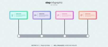 pasos diseño de plantilla infográfica de proceso de línea de tiempo de visualización de datos comerciales con iconos vector