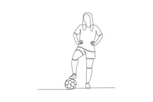 Continuous one line drawing Funny female football players concept. Doodle vector illustration.