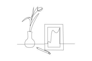 One continuous line drawing of accessories and office equipment concept. Doodle vector illustration in simple linear style.
