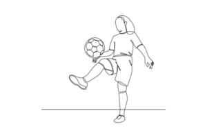 Continuous one line drawing Funny female football players concept. Doodle vector illustration.