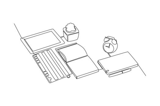 One continuous line drawing of accessories and office equipment concept. Doodle vector illustration in simple linear style.