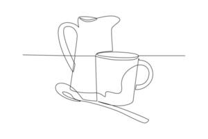 One continuous line drawing of Modern ceramic kitchen utensils concept. Doodle vector illustration in simple linear style.