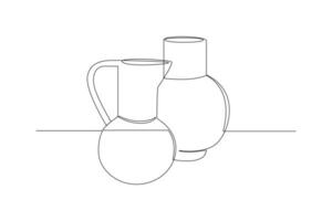 One continuous line drawing of Modern ceramic kitchen utensils concept. Doodle vector illustration in simple linear style.