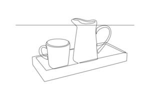 One continuous line drawing of Modern ceramic kitchen utensils concept. Doodle vector illustration in simple linear style.