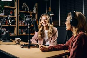 female podcaster in recording studio ai generated photo