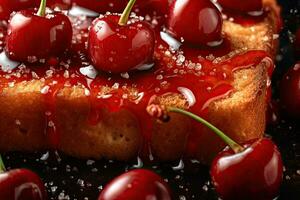 cherry toast, macro shot of a fresh breakfast with Dripping Honey, AI Generated photo