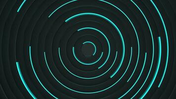 Blue lines rotating randomly on black concentric rings with cyan light. Loop sequence. 3D Animation video