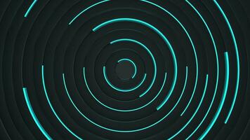 Blue lines rotating randomly on black concentric rings with cyan light. Loop sequence. 3D Animation video