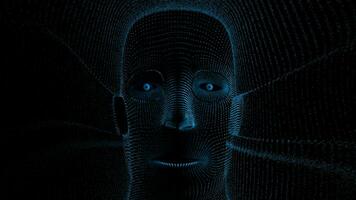 Front view of virtual robot head formed by blue dots moving its lips and expelling blue particles against black background. 3D Animation video