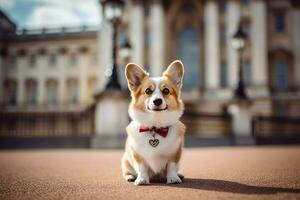 corgy perro en el del rey trono ai generado foto