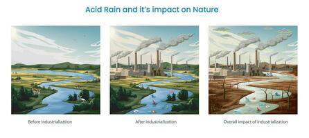 Acid rain damages ecosystems, aquatic life, and infrastructure by acidifying soil and water due to pollution vector