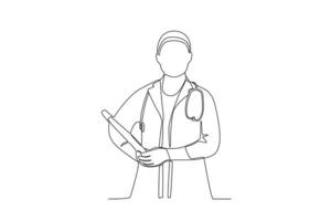 A single line drawing of a midwife carrying a book and a stethoscope vector