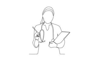 One single line drawing of a midwife who wants to record patient data vector