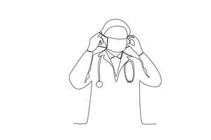 Continuous single line drawing of a doctor getting ready to see a patient wearing a mask vector