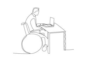 Single continuous line drawing of a man in wheelchair is finishing work at his desk vector