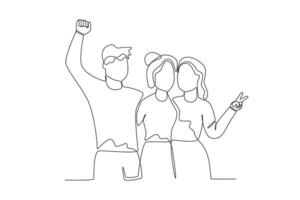 Single continuous line drawing of three friends consisting of two women and one man vector