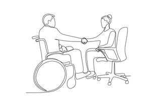 Single continuous line drawing of a man in a wheelchair agreeing on a job with his co-worker vector