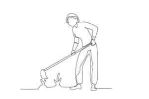 Continuous one line drawing a woman is hoeing the grass vector