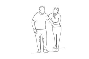 Continuous single line drawing of a female doctor guiding a patient to walk vector