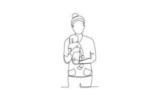 One single line drawing of a midwife holding toddler vector