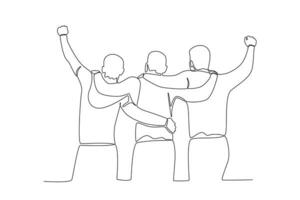 Single continuous line drawing of three friends embracing each other vector