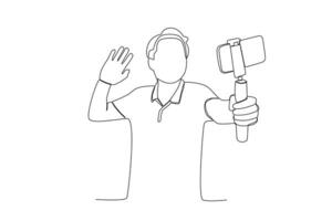 uno continuo línea dibujo de un masculino vlogger quien usos un móvil teléfono y un selfie palo saluda su seguidores vector