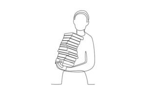 One continuous line drawing of a female librarian is compiling books vector