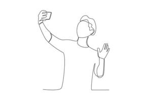 One continuous line drawing of a male vlogger greets his followers vector