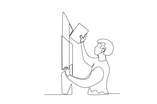 One continuous line drawing of a library patrons return books to bookshelves vector