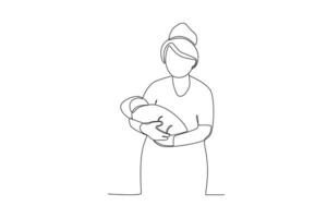 One single line drawing of a midwives who have cleaned newborns vector