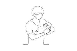 One single line drawing of a midwife holding newborn baby vector