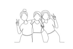 Single continuous line drawing of three girlfriends are capturing the moment vector