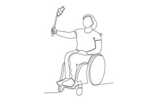 soltero continuo línea dibujo de un mujer en silla de ruedas teniendo virtual reunión utilizando móvil teléfono y selfie palo vector