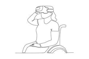 soltero continuo línea dibujo de un en silla de ruedas mujer trabajando como un juego ensayador pruebas un juego utilizando un vr auriculares vector