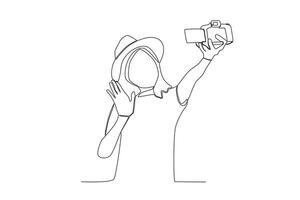 One continuous line drawing of a female vlogger using a professional camera is creating content on vacation vector