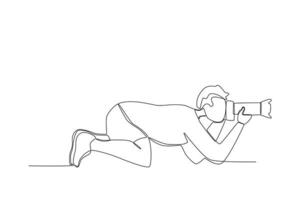 One continuous line drawing of a male photographer takes a photo from the right side by bending vector