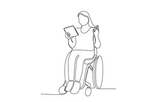 Single continuous line drawing of a woman in wheelchair having virtual meeting vector