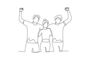 Single continuous line drawing of three friends who support each other vector