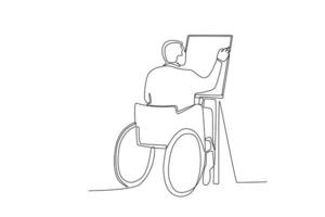 Single continuous line drawing of a man in a wheelchair is finishing his painting order vector