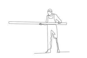 Single continuous line drawing of a man with a prosthesis working in a hardware store measuring the length of a log vector