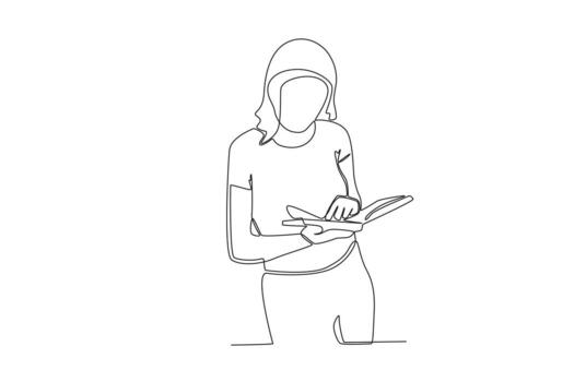 One continuous line drawing of a female librarian checking a customers recently returned book vector