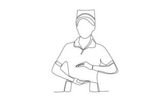 One single line drawing of a midwife who is measuring the size of the patients womb vector