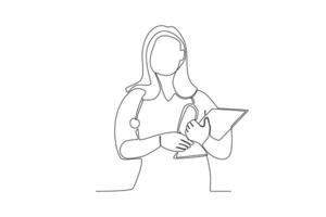 One single line drawing of a midwives who are welcoming patients who come vector